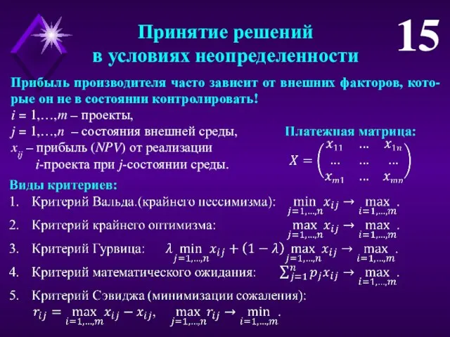 Принятие решений в условиях неопределенности 15 Прибыль производителя часто зависит от