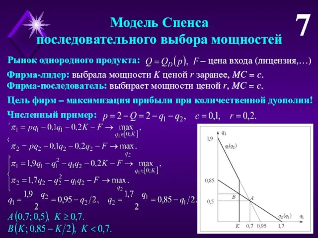 Модель Спенса последовательного выбора мощностей 7 Фирма-лидер: выбрала мощности K ценой