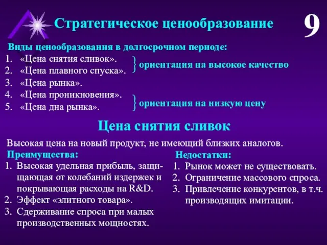 Стратегическое ценообразование 9 Высокая цена на новый продукт, не имеющий близких