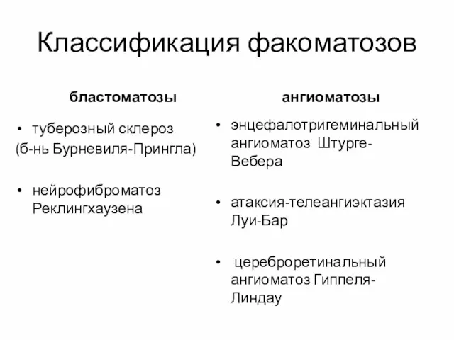 Классификация факоматозов бластоматозы туберозный склероз (б-нь Бурневиля-Прингла) нейрофиброматоз Реклингхаузена ангиоматозы энцефалотригеминальный