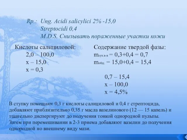 Rp.: Ung. Acidi salicylici 2% -15,0 Streptocidi 0,4 M.D.S. Снизывать пораженные