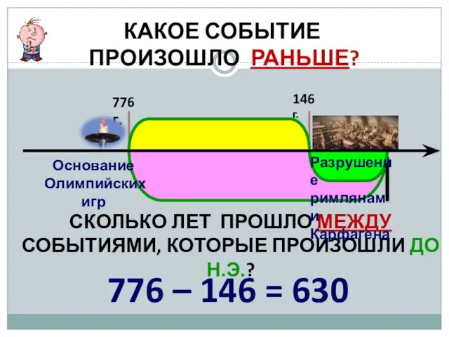 КАКОЕ СОБЫТИЕ ПРОИЗОШЛО РАНЬШЕ? 776 г. 146 г. СКОЛЬКО ЛЕТ ПРОШЛО