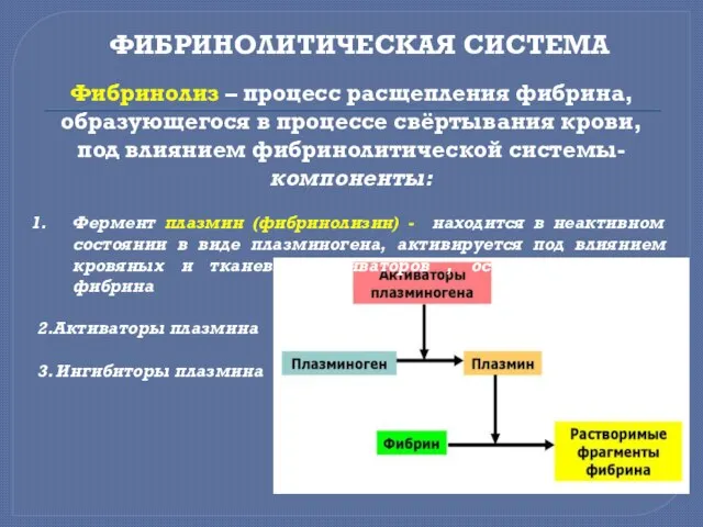 ФИБРИНОЛИТИЧЕСКАЯ СИСТЕМА Фибpинолиз – пpоцесс pасщепления фибpина, обpазующегося в пpоцессе свёpтывания