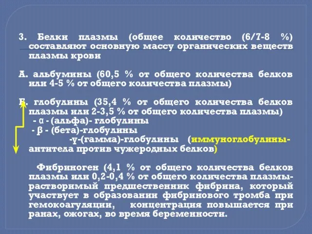 3. Белки плазмы (общее количество (6/7-8 %) составляют основную массу органических