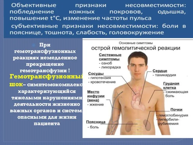 Гемотрансфузионный шок– симптомокомплекс, характеризующийся тяжелыми нарушениями деятельности жизненно важных органов и