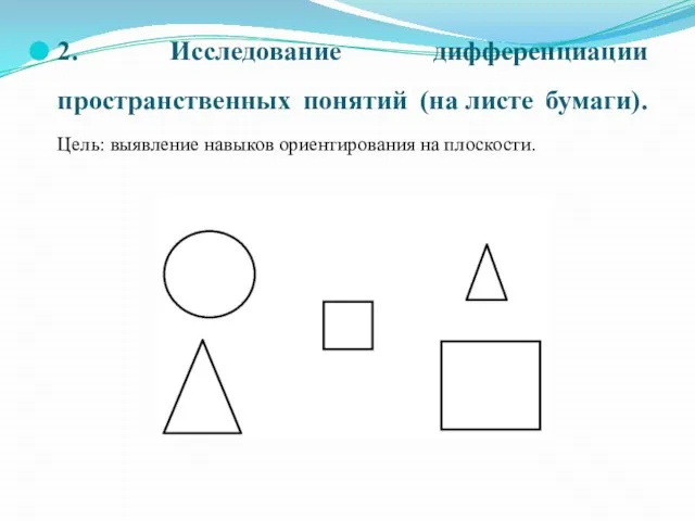 2. Исследование дифференциации пространственных понятий (на листе бумаги). Цель: выявление навыков ориентирования на плоскости.