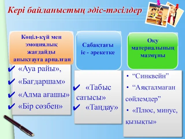 Кері байланыстың әдіс-тәсілдер «Табыс сатысы» «Таңдау» “Синквейн” “Аяқталмаған сөйлемдер” «Плюс, минус,