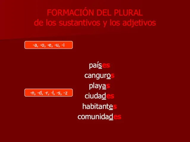 FORMACIÓN DEL PLURAL de los sustantivos y los adjetivos países canguros