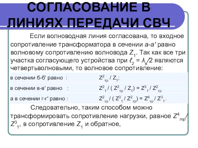 СОГЛАСОВАНИЕ В ЛИНИЯХ ПЕРЕДАЧИ СВЧ Если волноводная линия согласована, то входное