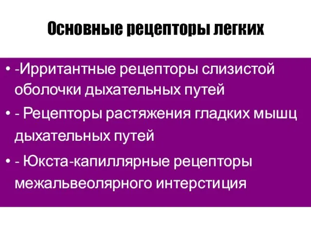 Основные рецепторы легких -Ирритантные рецепторы слизистой оболочки дыхательных путей - Рецепторы