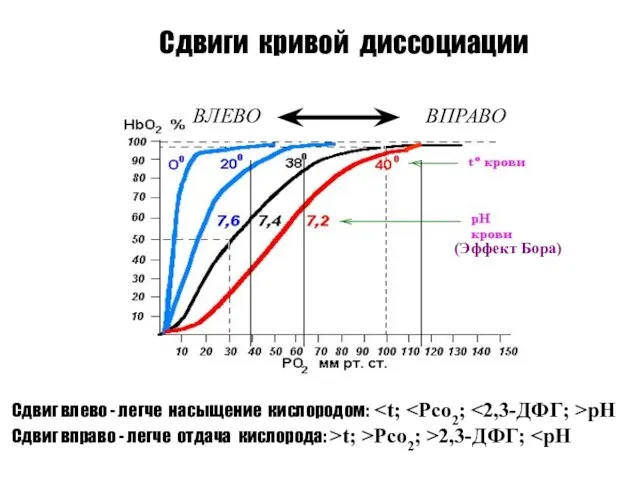 Сдвиги кривой диссоциации ВЛЕВО ВПРАВО Сдвиг влево - легче насыщение кислородом: