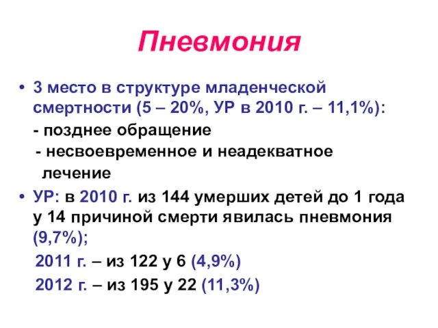 Пневмония 3 место в структуре младенческой смертности (5 – 20%, УР