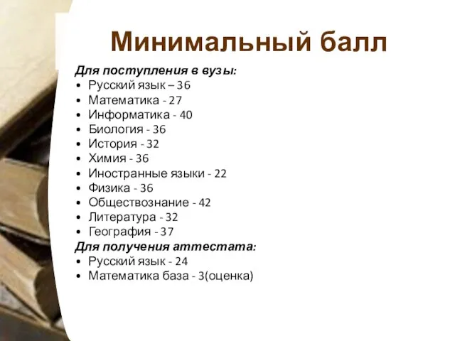 Минимальный балл Для поступления в вузы: Русский язык – 36 Математика