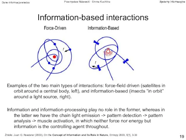 Information-based interactions Examples of the two main types of interactions: force-field