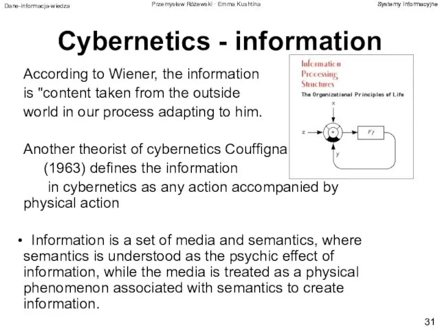 Cybernetics - information According to Wiener, the information is "content taken