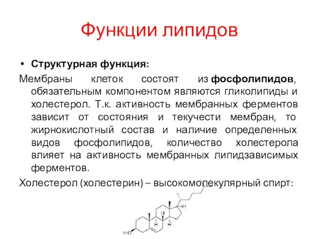 Функции липидов Структурная функция: Мембраны клеток состоят из фосфолипидов, обязательным компонентом