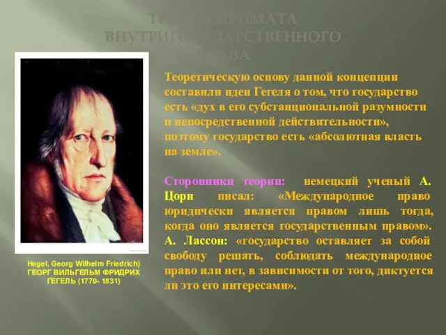 ТЕОРИЯ ПРИМАТА ВНУТРИГОСУДАРСТВЕННОГО ПРАВА Теоретическую основу данной концепции составили идеи Гегеля