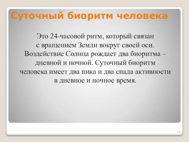 Суточный биоритм человека Это 24-часовой ритм, который связан с вращением Земли