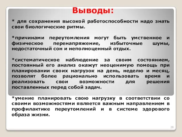 Выводы: * для сохранения высокой работоспособности надо знать свои биологические ритмы.