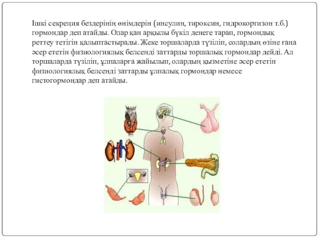 Ішкі секреция бездерінің өнімдерін (инсулин, тироксин, гидрокортизон т.б.) гормондар деп атайды.