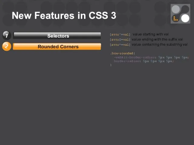 New Features in CSS 3 [attr^=val] value starting with val [attr$=val]