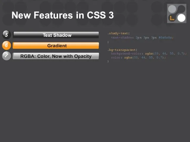 New Features in CSS 3 .shady-text{ text-shadow: 2px 3px 3px #0a0a0a;