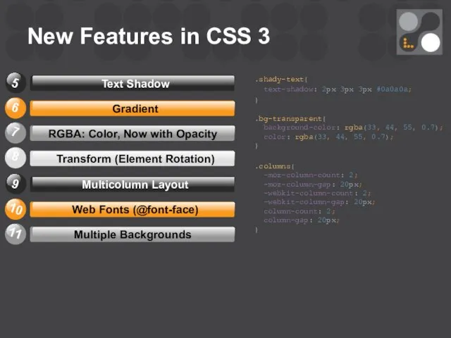 New Features in CSS 3 .shady-text{ text-shadow: 2px 3px 3px #0a0a0a;