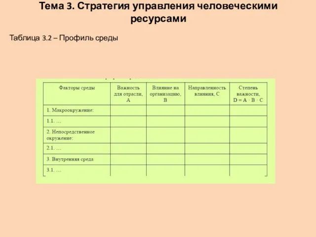 Тема 3. Стратегия управления человеческими ресурсами Таблица 3.2 – Профиль среды