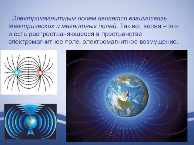 Электромагнитным полем является взаимосвязь электрических и магнитных полей. Так вот волна