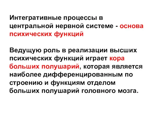 Интегративные процессы в центральной нервной системе - основа психических функций Ведущую