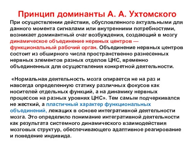 Принцип доминанты А. А. Ухтомского При осуществлении действия, обусловленного актуальными для