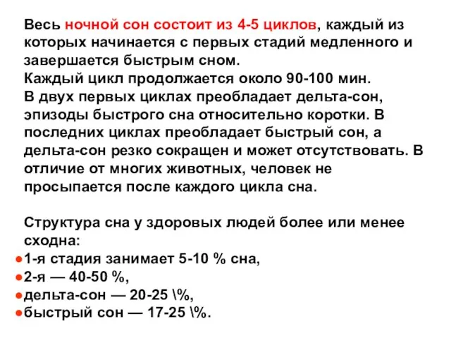 Весь ночной сон состоит из 4-5 циклов, каждый из которых начинается