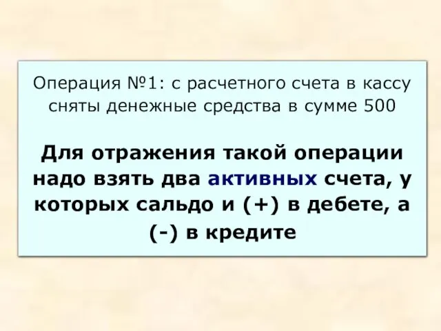 Операция №1: с расчетного счета в кассу сняты денежные средства в