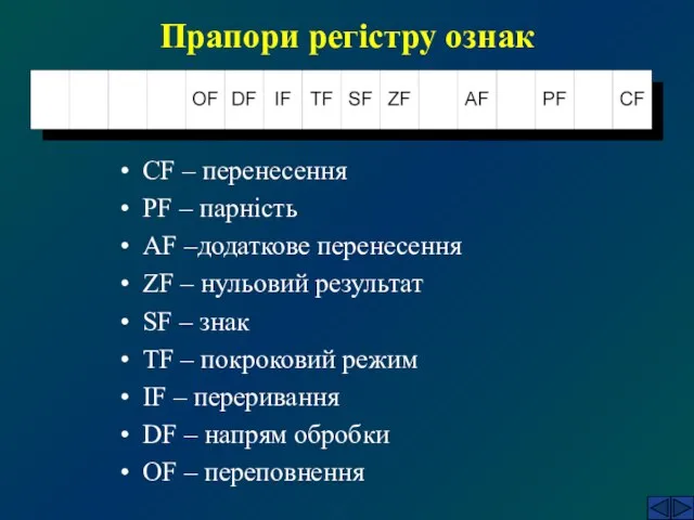 Прапори регістру ознак CF – перенесення PF – парність AF –додаткове