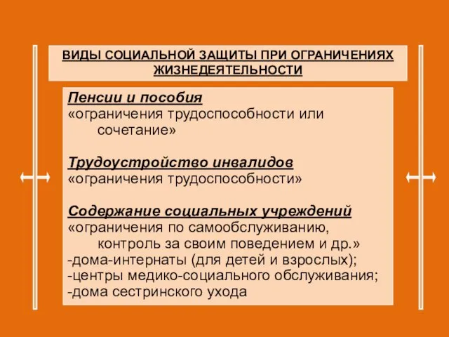 ВИДЫ СОЦИАЛЬНОЙ ЗАЩИТЫ ПРИ ОГРАНИЧЕНИЯХ ЖИЗНЕДЕЯТЕЛЬНОСТИ Пенсии и пособия «ограничения трудоспособности