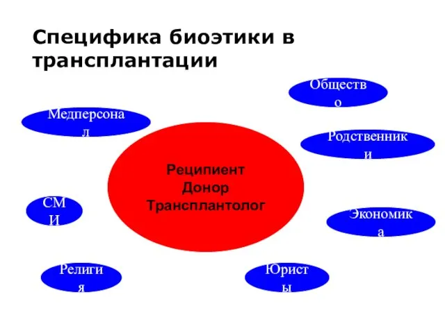 Специфика биоэтики в трансплантации Реципиент Донор Трансплантолог Родственники Юристы Медперсонал Религия Общество СМИ Экономика