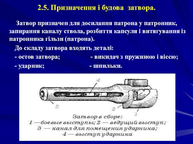 2.5. Призначення і будова затвора. Затвор призначен для досилання патрона у