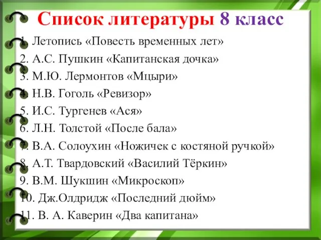 Список литературы 8 класс 1. Летопись «Повесть временных лет» 2. А.С.