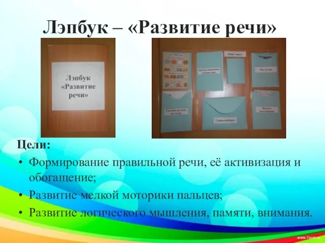 Лэпбук – «Развитие речи» Цели: Формирование правильной речи, её активизация и