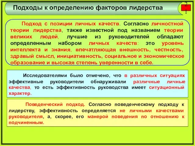 Подходы к определению факторов лидерства Подход с позиции личных качеств. Согласно