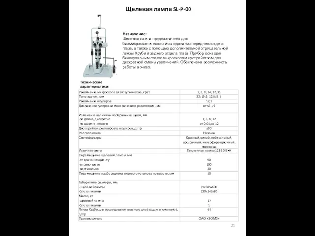 Щелевая лампа SL-P-00 Назначение: Щелевая лампа предназначена для биомикроскопического исследования переднего