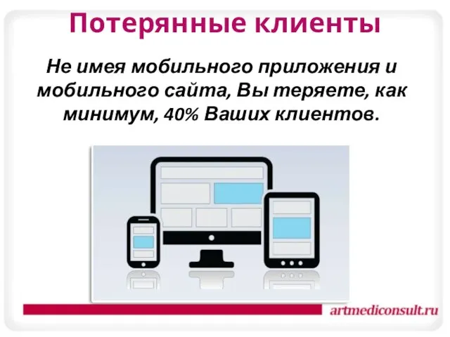 Потерянные клиенты Не имея мобильного приложения и мобильного сайта, Вы теряете, как минимум, 40% Ваших клиентов.