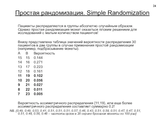 Простая рандомизация. Simple Randomization Пациенты распределяются в группы абсолютно случайным образом.