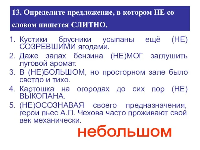 13. Определите предложение, в котором НЕ со словом пишется СЛИТНО. Кустики