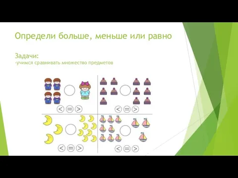 Определи больше, меньше или равно Задачи: -учимся сравнивать множество предметов