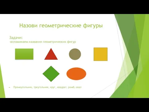 Назови геометрические фигуры Задачи: -вспоминаем названия геометрических фигур Прямоугольник, треугольник, круг, квадрат, ромб, овал