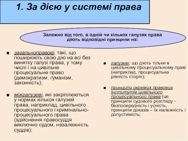 1. За дією у системі права загальноправові, такі, що поширюють свою