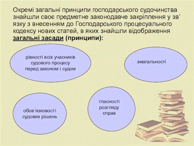 Окремі загальні принципи господарського судочинства знайшли своє предметне законодавче закріплення у