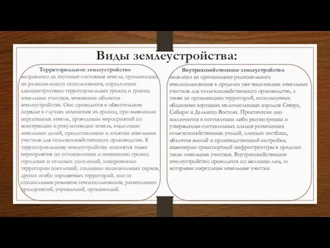 Виды землеустройства: Территориальное землеустройство направлено на изучение состояния земель, организацию их