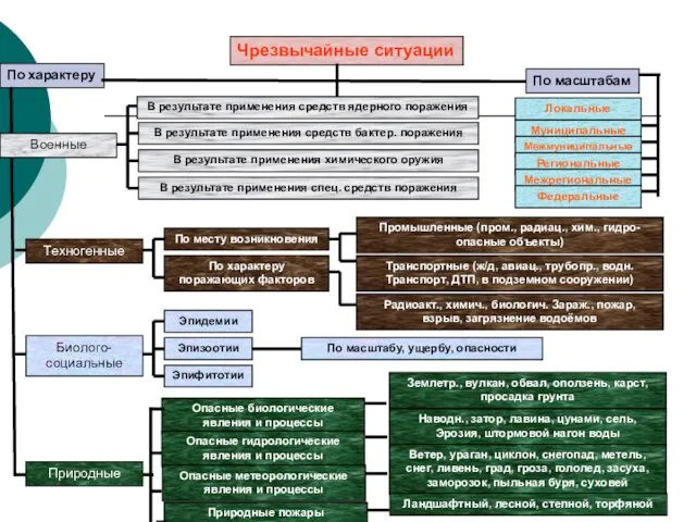 Чрезвычайные ситуации По характеру По масштабам Военные Техногенные Биолого-социальные Природные В
